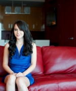 Bryci blue dress red couch