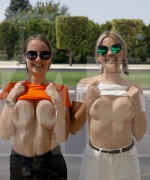 Zishy Diana Sedova And Victoria Minina flash there boobs in public before they pull the pants down to reveal there hairy pussy